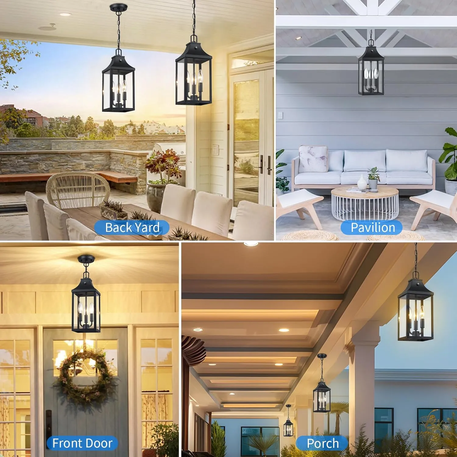 Large Outdoor Pendant Light Fixtures 3-Light, 15'' Dusk to Dawn Exterior Hanging Lantern Porch Light Adjustable, Black Hanging Lamp Farmhouse Exterior Chandelier Ceiling Mount for Entrance Patio