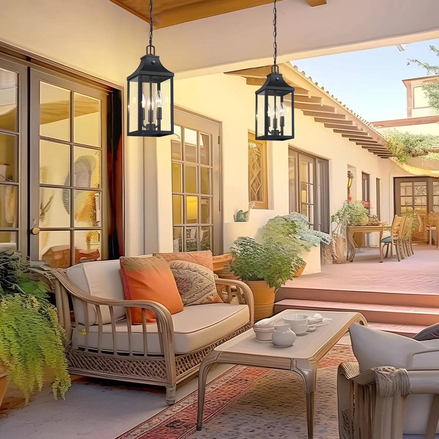 Large Outdoor Pendant Light Fixtures 3-Light, 15'' Dusk to Dawn Exterior Hanging Lantern Porch Light Adjustable, Black Hanging Lamp Farmhouse Exterior Chandelier Ceiling Mount for Entrance Patio