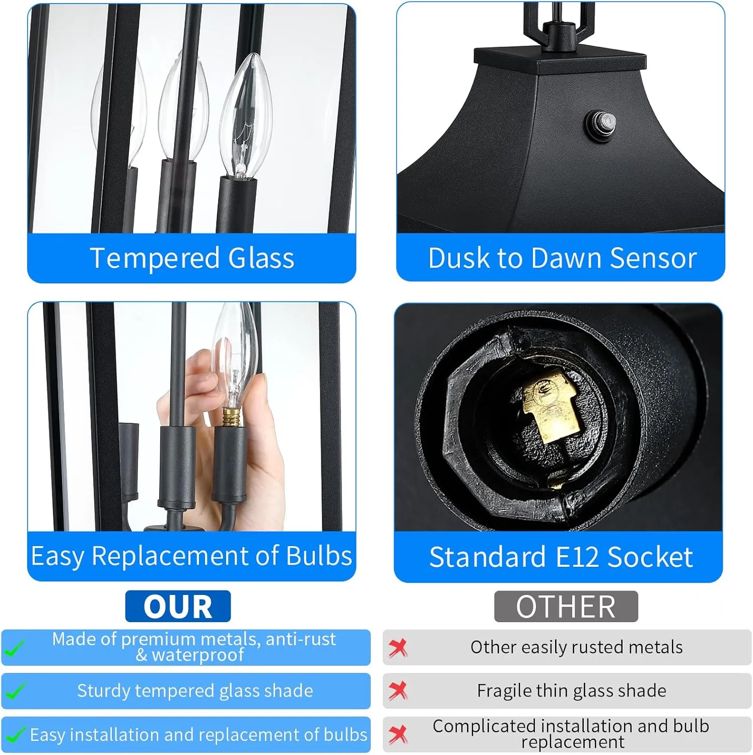 Large Outdoor Pendant Light Fixtures 3-Light, 15'' Dusk to Dawn Exterior Hanging Lantern Porch Light Adjustable, Black Hanging Lamp Farmhouse Exterior Chandelier Ceiling Mount for Entrance Patio