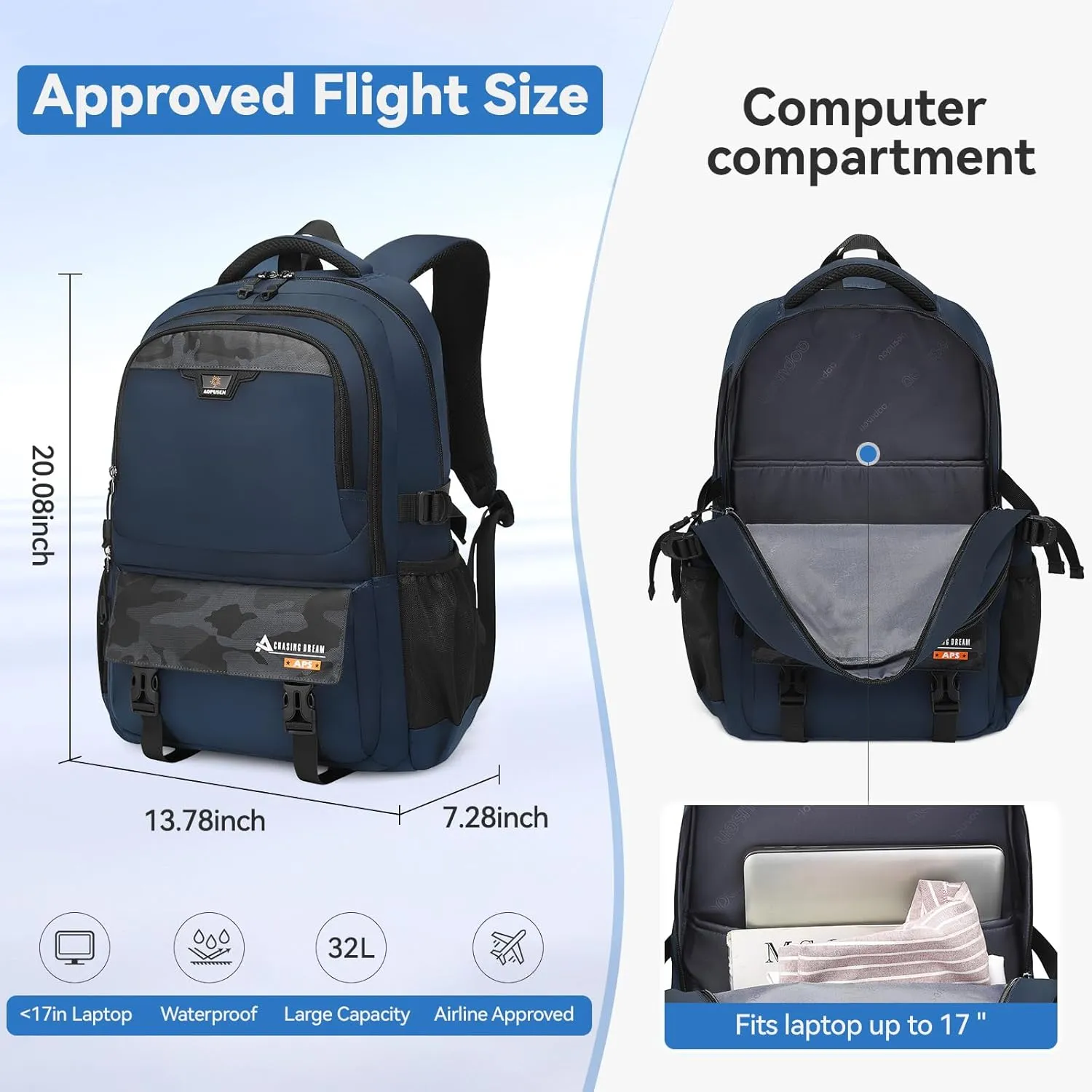 Large Travel Backpack for Men, Waterproof Outdoor Commuter Backpack with Multiple Compartments, Heavy-Duty Work Daypack for Hiking, Business, or Daily Use, Fits 17.3 Inch Laptop(Navy Blue)