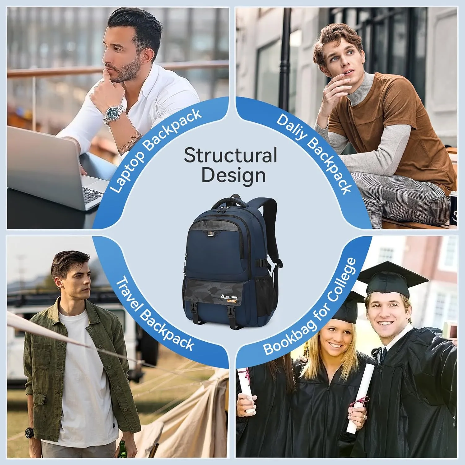 Large Travel Backpack for Men, Waterproof Outdoor Commuter Backpack with Multiple Compartments, Heavy-Duty Work Daypack for Hiking, Business, or Daily Use, Fits 17.3 Inch Laptop(Navy Blue)