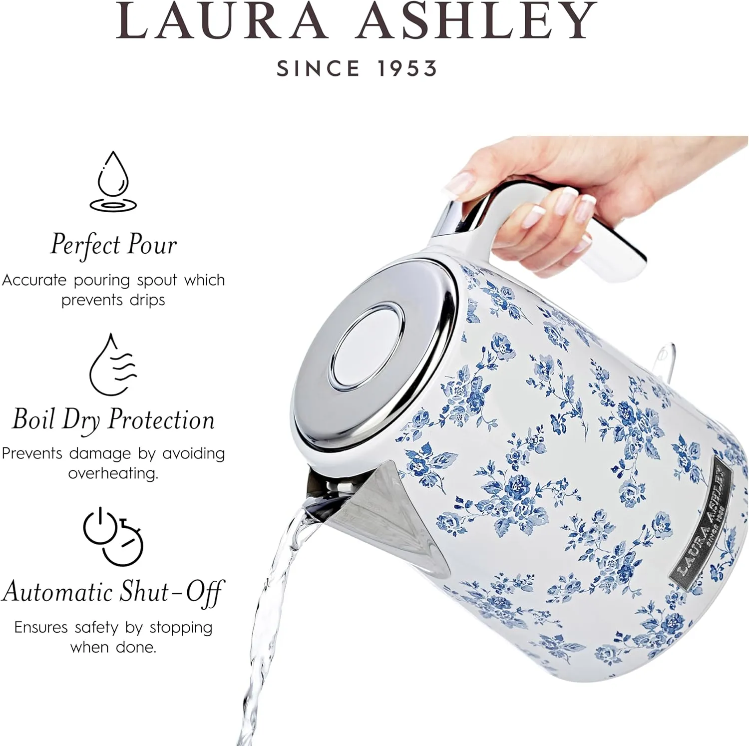 Laura Ashley Stainless Steel Electric Kettle 1.7 Liter - 1500W Rapid Boil Electric Kettles for Boiling Water - Electric Tea Kettles Automatic Shut Off - Overheat & Boil Dry Protection Jug Kettle