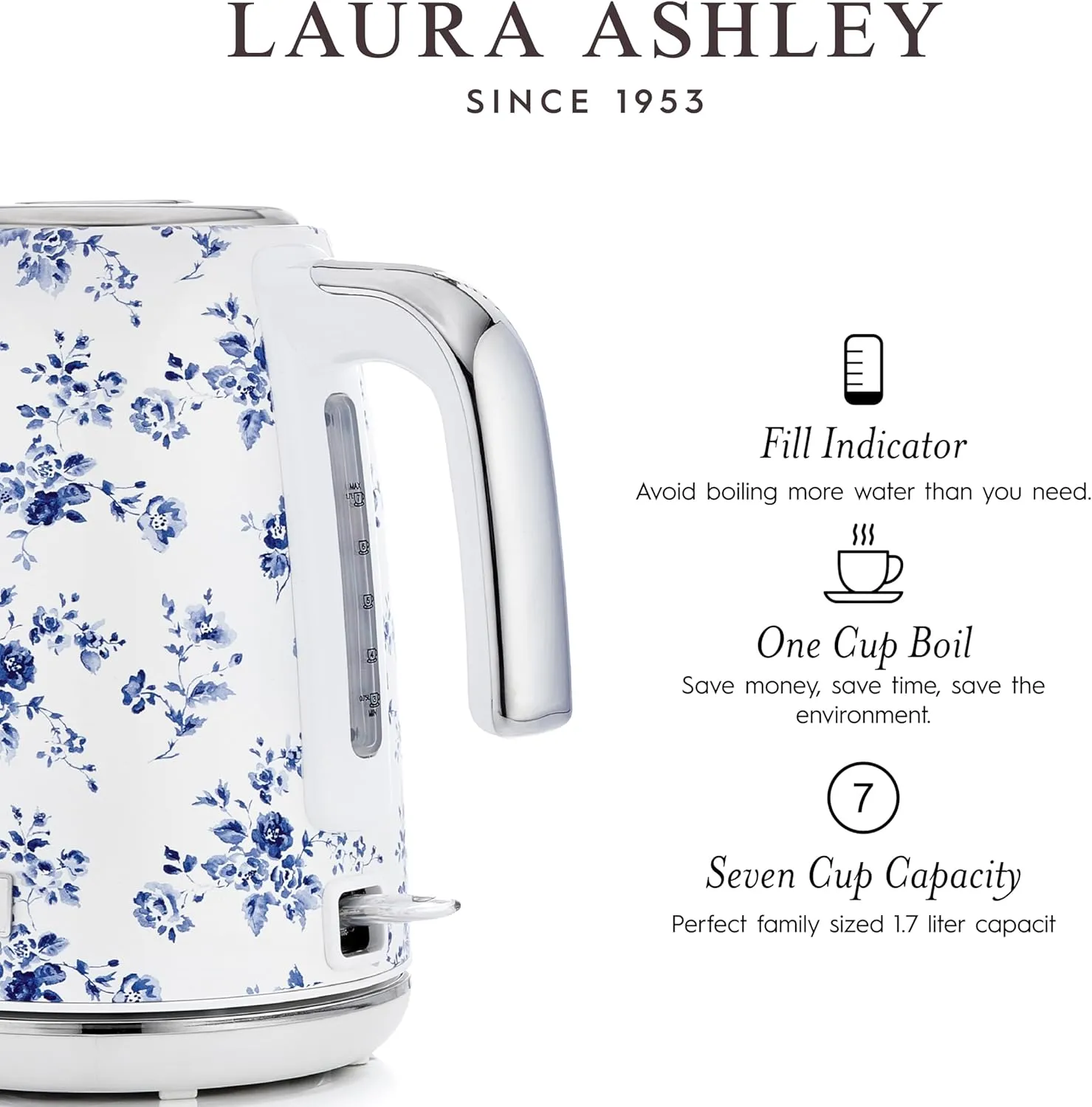 Laura Ashley Stainless Steel Electric Kettle 1.7 Liter - 1500W Rapid Boil Electric Kettles for Boiling Water - Electric Tea Kettles Automatic Shut Off - Overheat & Boil Dry Protection Jug Kettle