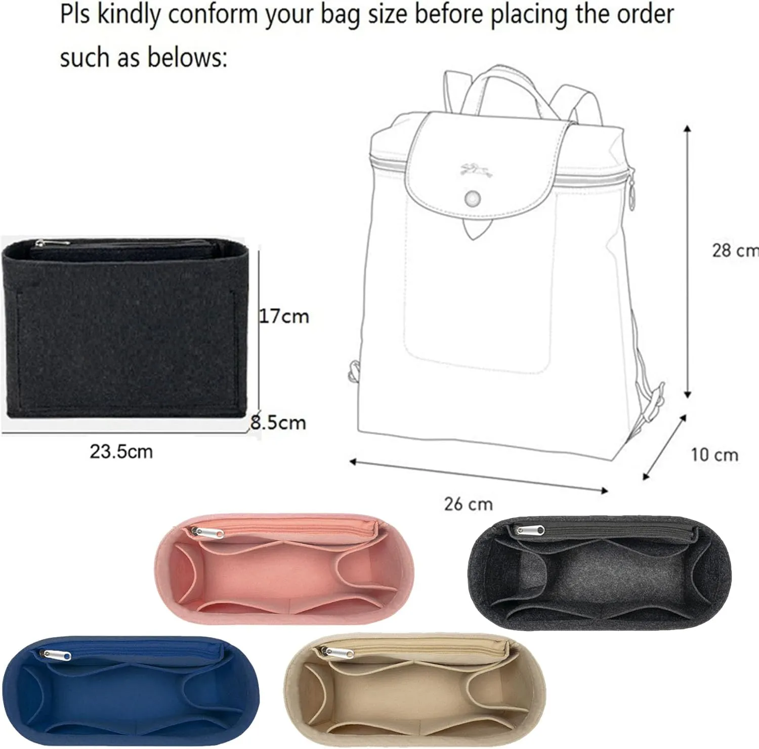 Lckaey purse backpack organizer for le pliage knapsack Felt Bag insert organizer Multi Pocket 1013beige