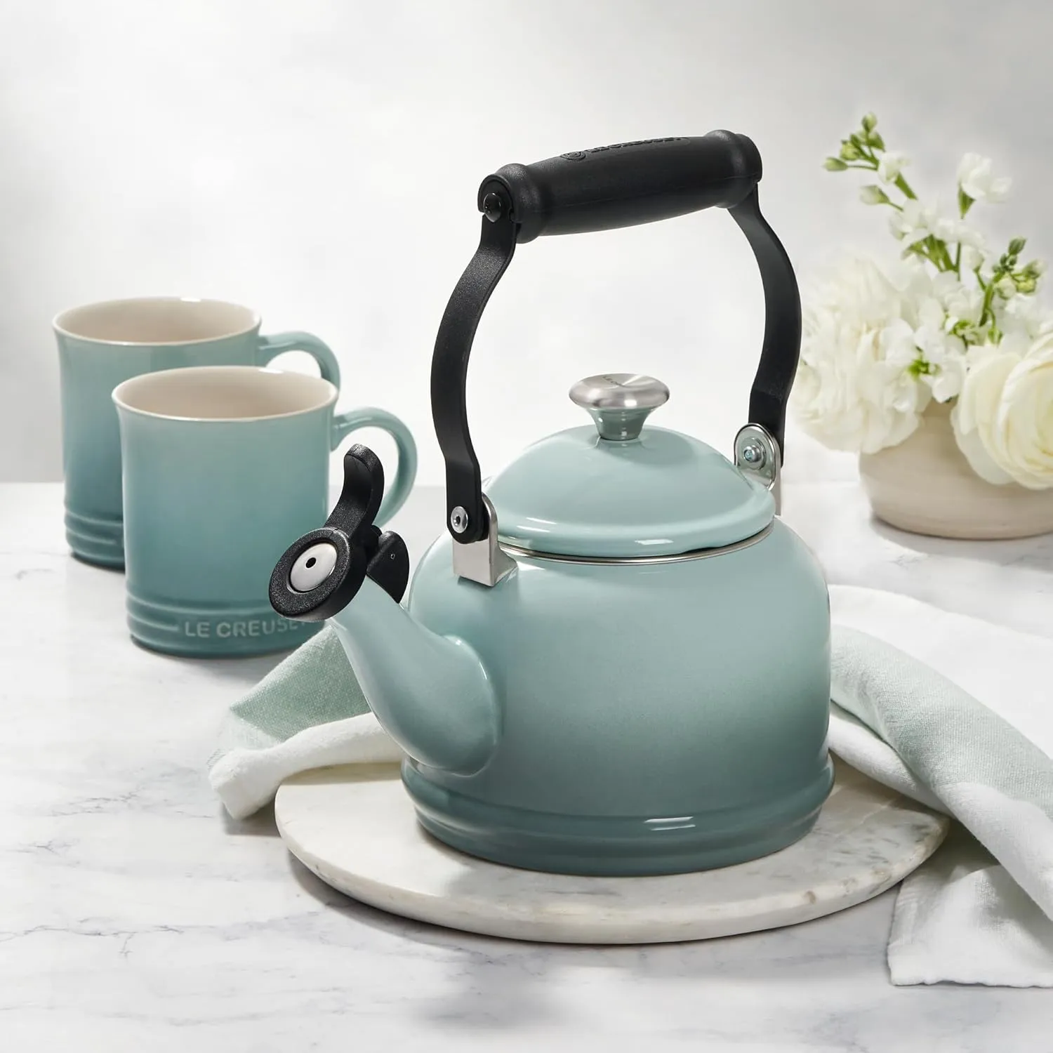 Le Creuset Enamel on Steel Demi Tea Kettle with Gold Finishes, 1.25 qt., Olive