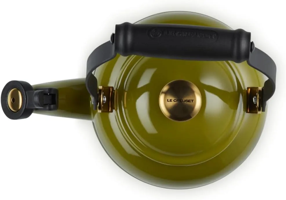 Le Creuset Enamel on Steel Demi Tea Kettle with Gold Finishes, 1.25 qt., Olive