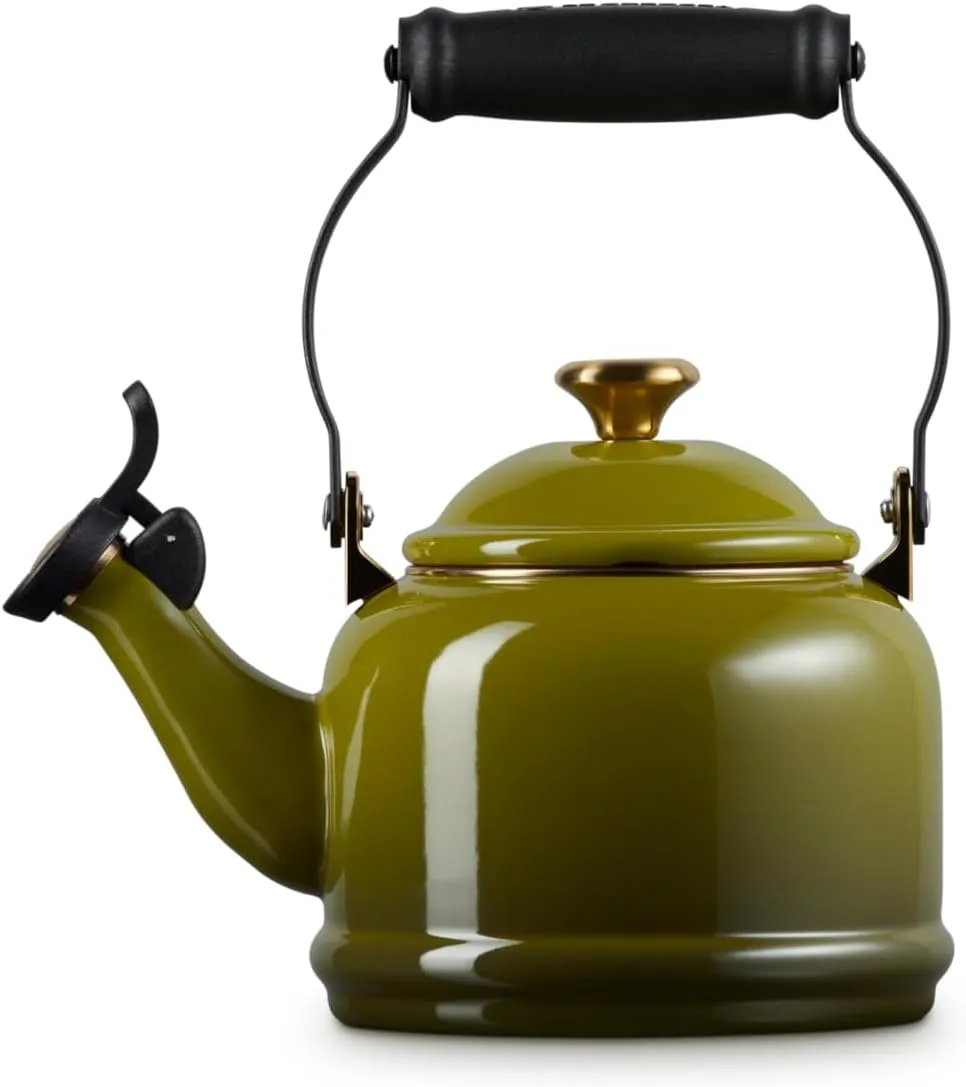 Le Creuset Enamel on Steel Demi Tea Kettle with Gold Finishes, 1.25 qt., Olive
