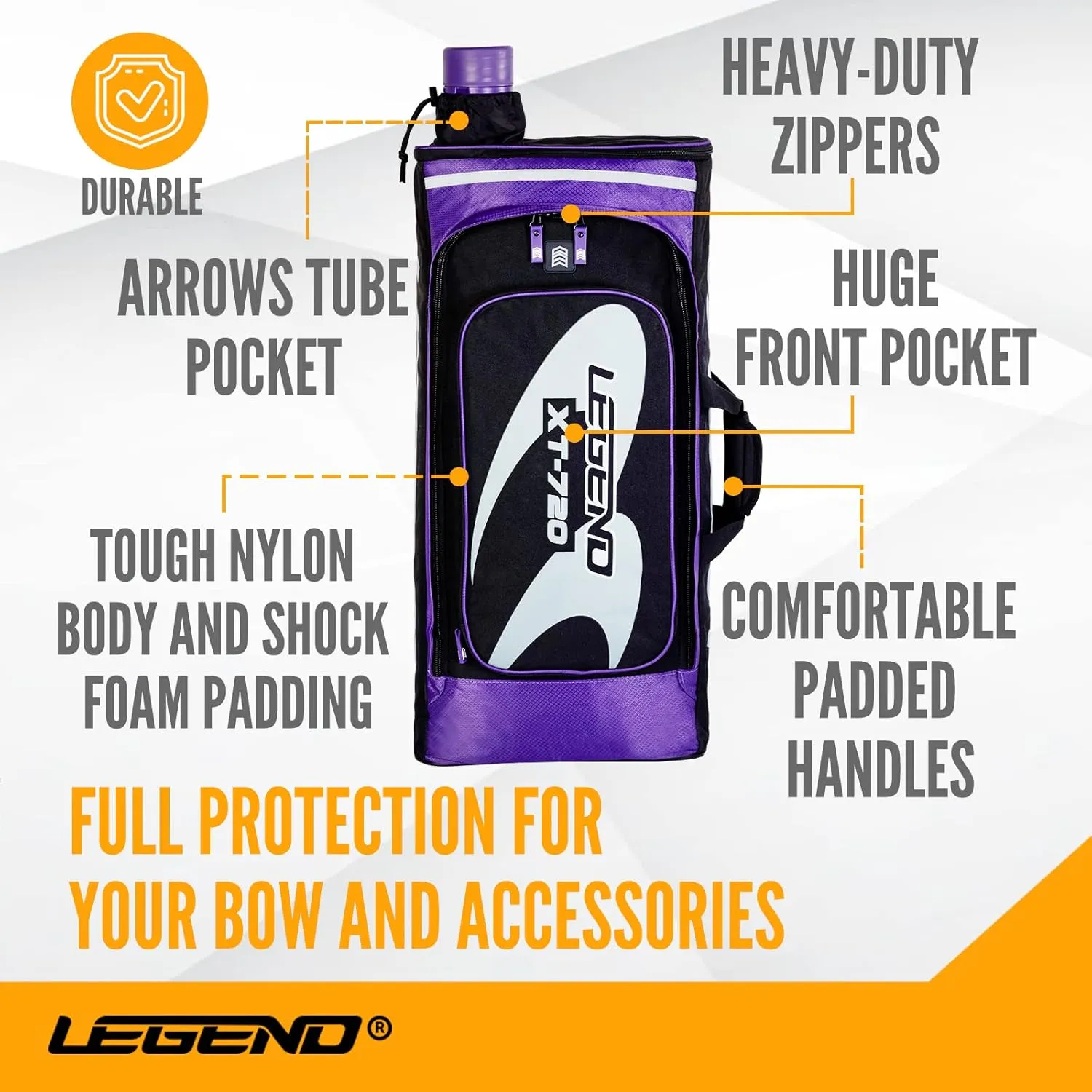 Legend XT720 Takedown Recurve Bow Case - Protective Nylon Archery Backpack Bag, Padded Recurve Bow and Arrow Case for Archery Accessories & Gears with Multiple Pockets, Arrow Tube Included