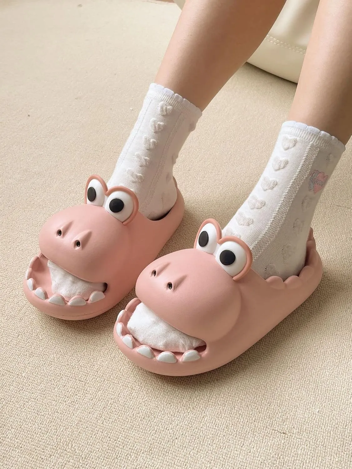 LELEBEAR Dinosaur Slippers for Women Man, Eva Novelty Open Toe Slides, Casual Beach Shoes Spa Sandals Indoor Outdoor with Beige Socks
