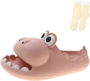 LELEBEAR Dinosaur Slippers for Women Man, Eva Novelty Open Toe Slides, Casual Beach Shoes Spa Sandals Indoor Outdoor with Beige Socks