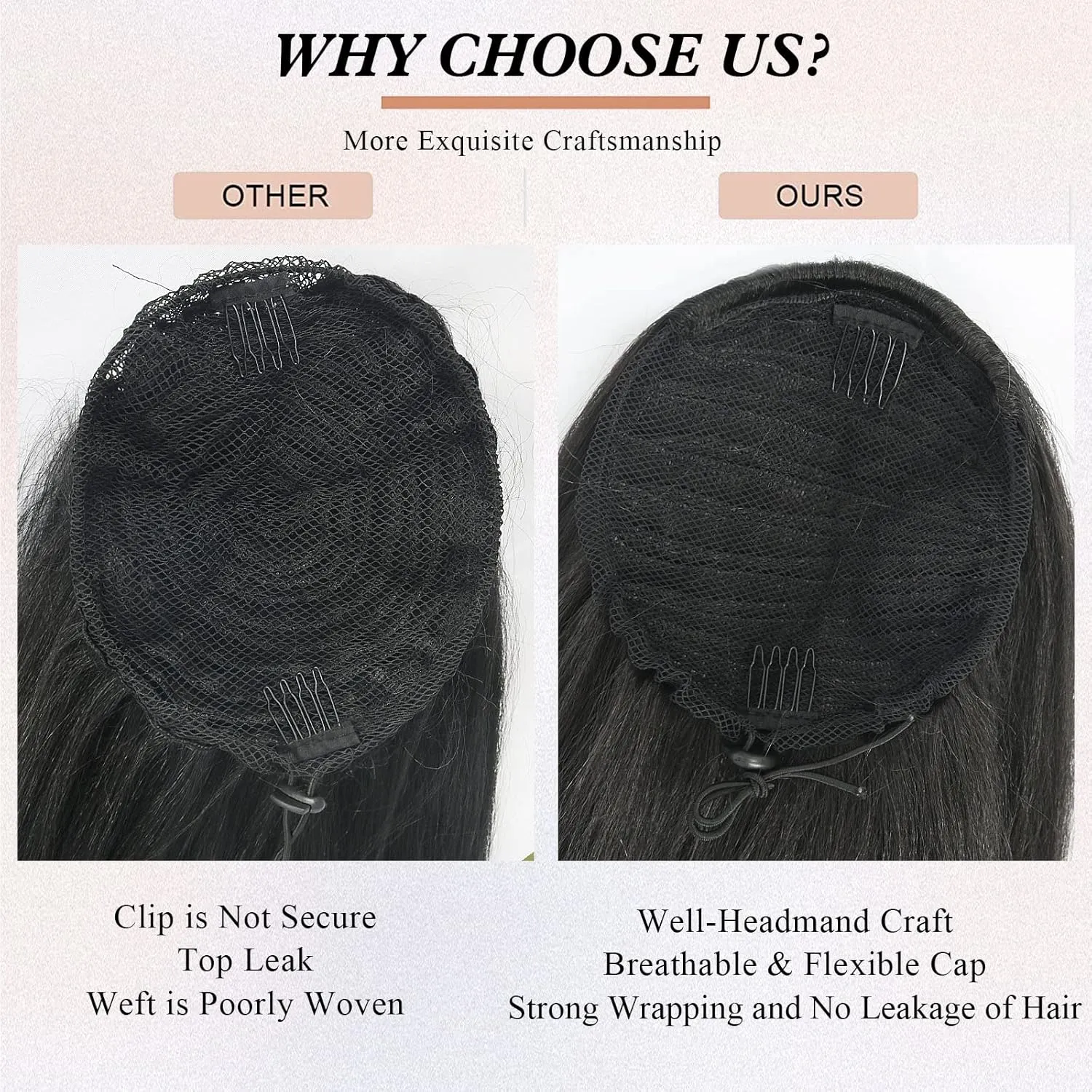 LEOSA Ponytail Extension 14 inch Drawstring Ponytails for Black Women Short Natural Black Yaki Straight Drawstring Ponytail Hair Extensions (14 Inch (Pack of 1), 1B#)