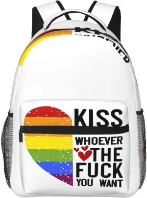 Lgbt Pride Rainbow Gay Heart Kiss Whoever The Fuck You Want Backpack Casual Pack Bag Laptop Backpack With Side Pocket Front Zipper Pocket Bookpack Travel Daypack Picnic Rucksack