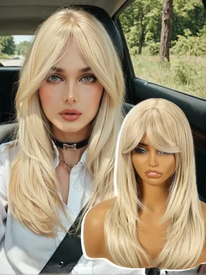 Light Blonde Mixed Long Layered Straight Wig with Bangs for Women,Synthetic Heat Resistant Natural Looking Hair Wig for Party Cosplay Dality Use 18IN