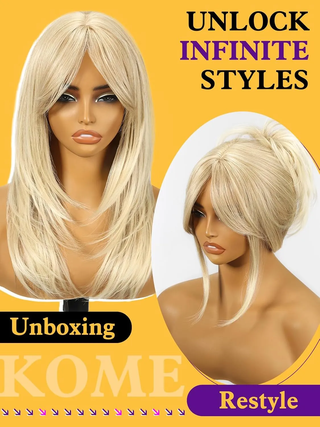 Light Blonde Mixed Long Layered Straight Wig with Bangs for Women,Synthetic Heat Resistant Natural Looking Hair Wig for Party Cosplay Dality Use 18IN