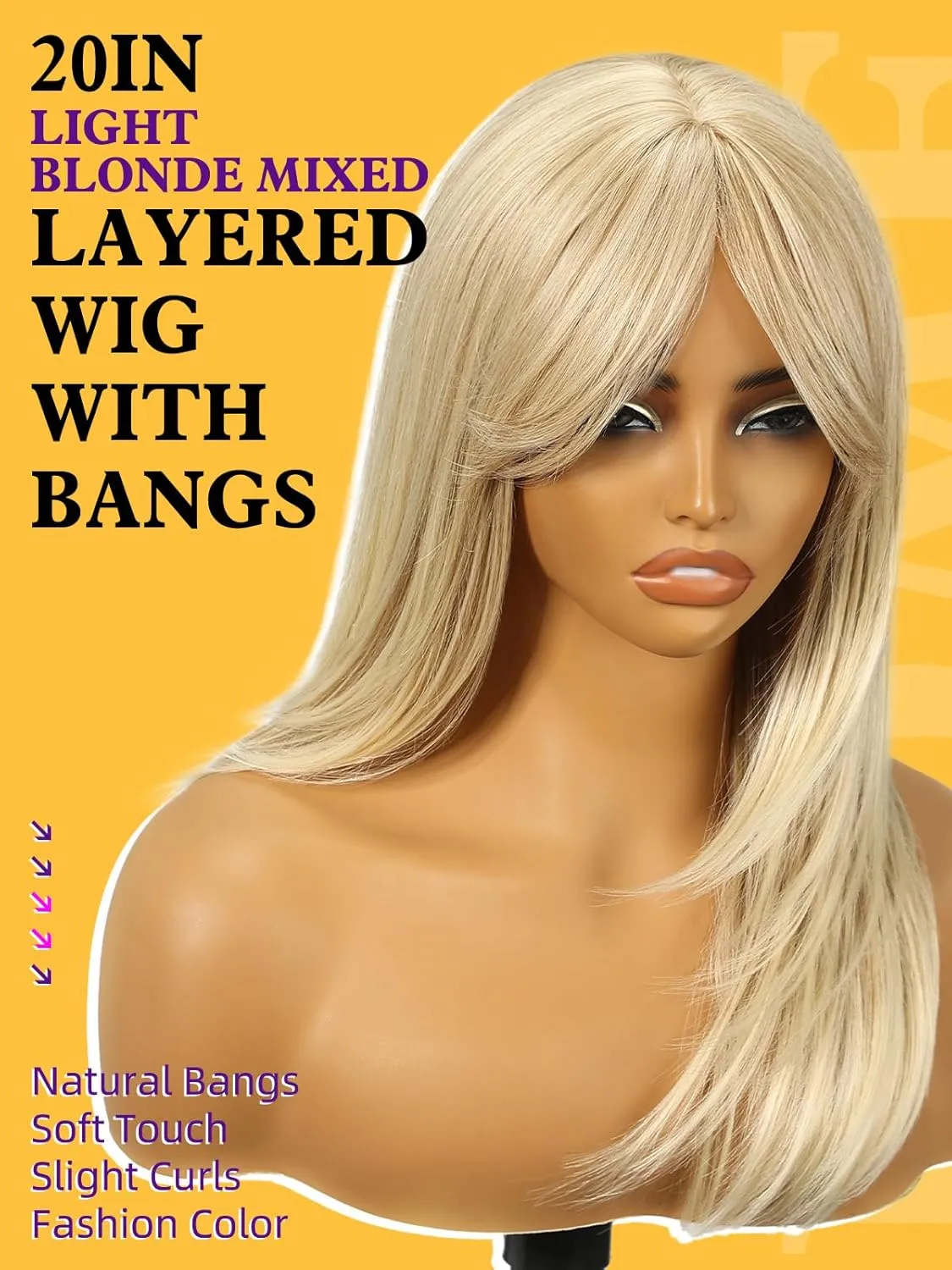 Light Blonde Mixed Long Layered Straight Wig with Bangs for Women,Synthetic Heat Resistant Natural Looking Hair Wig for Party Cosplay Dality Use 18IN