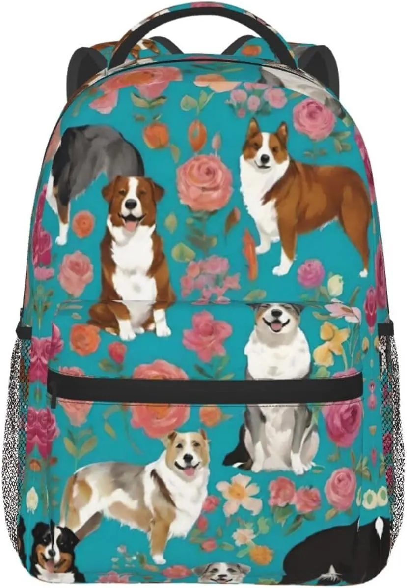 Lightweight Backpack for Gym Travel Bicycle - Big Capacity Multipurpose Anti-Theft Carry On Bag, Australian Shepherd Dogs Flowers Art Travel Hiking Bag & Day Pack