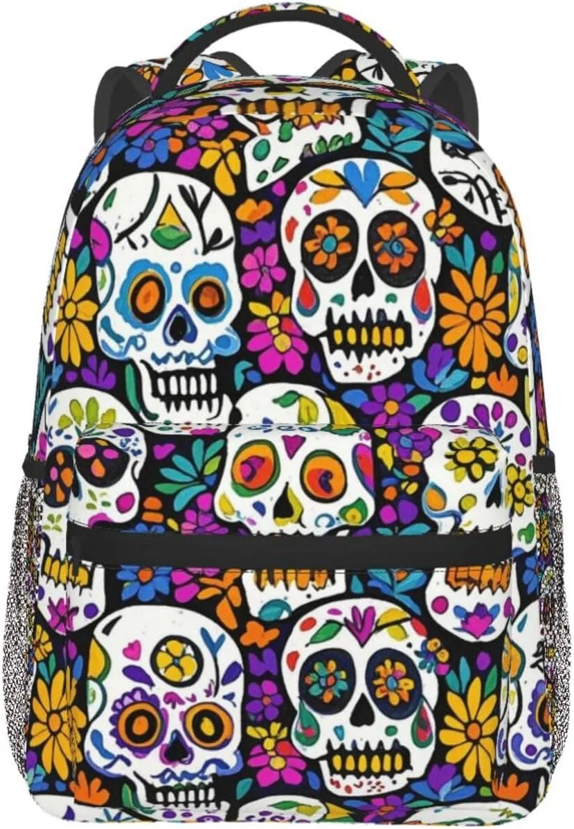 Lightweight Backpack for Gym Travel Bicycle - Big Capacity Multipurpose Anti-Theft Carry On Bag, Day Of The Dead Mexican Skull Floral Art Travel Hiking Bag & Day Pack