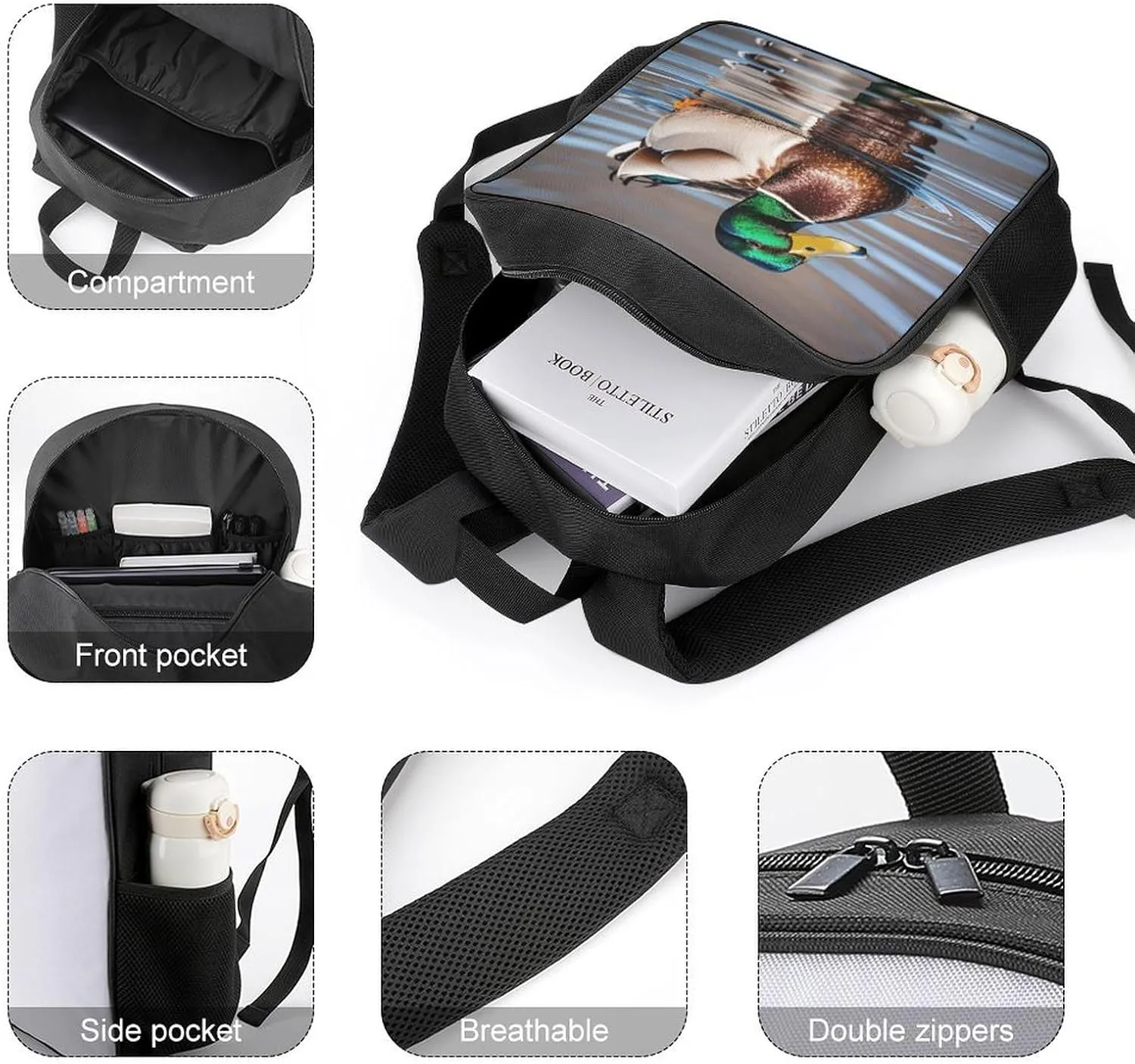 Lightweight Backpacks Cute Travel Bag Durable Anas Platyrhynchos Printing Small Travel Backpack For Women & Men