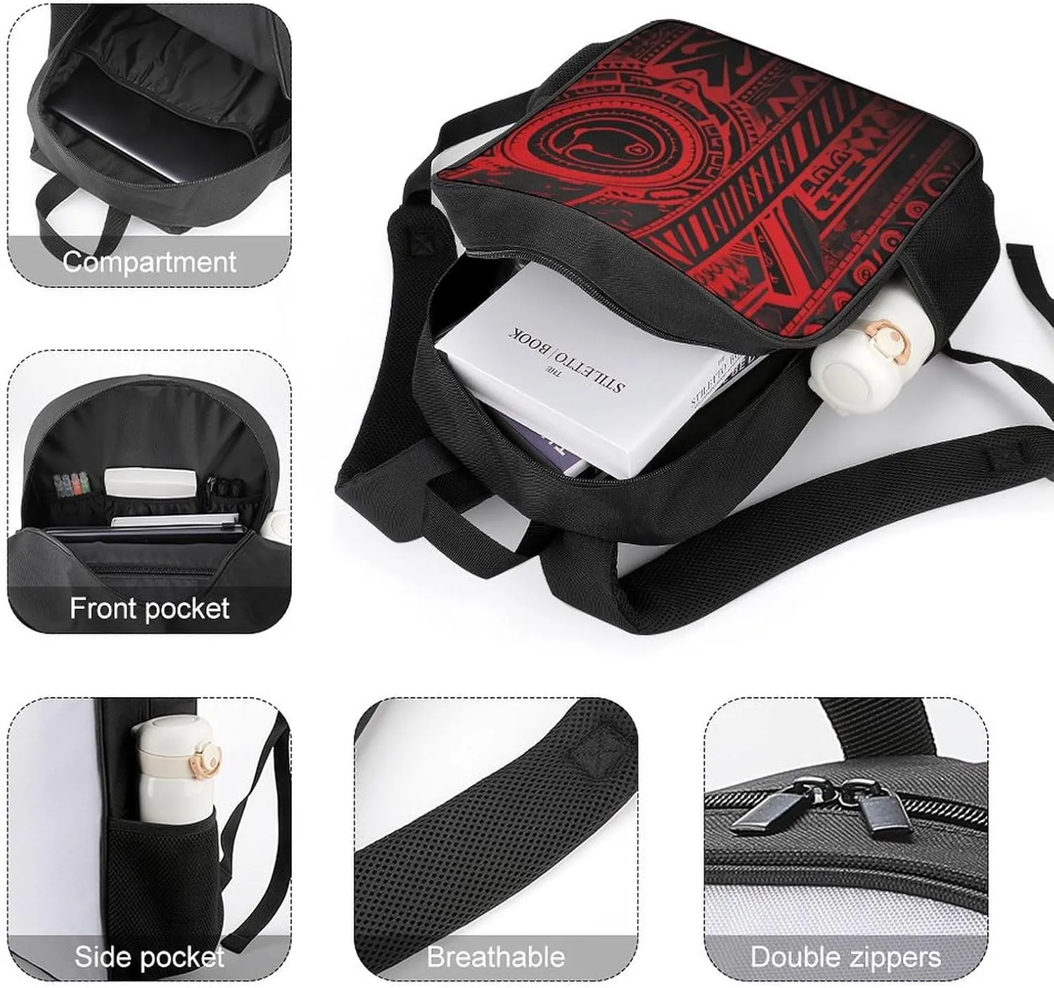 Lightweight Backpacks Cute Travel Bag Durable Black And Red Printing Small Travel Backpack For Women & Men