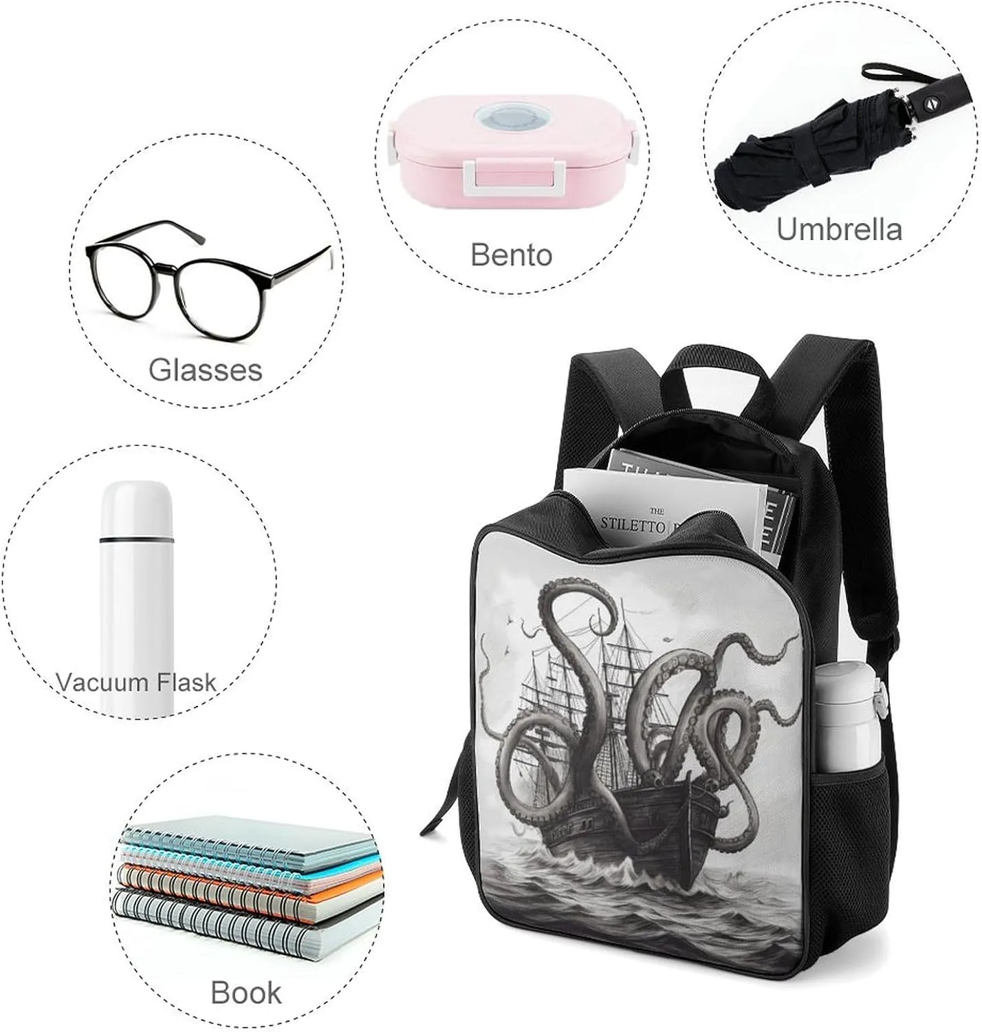 Lightweight Backpacks Cute Travel Bag Durable Black And White Octopus And Ship Printing Small Travel Backpack For Women & Men