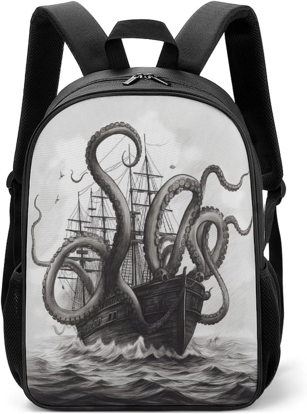 Lightweight Backpacks Cute Travel Bag Durable Black And White Octopus And Ship Printing Small Travel Backpack For Women & Men