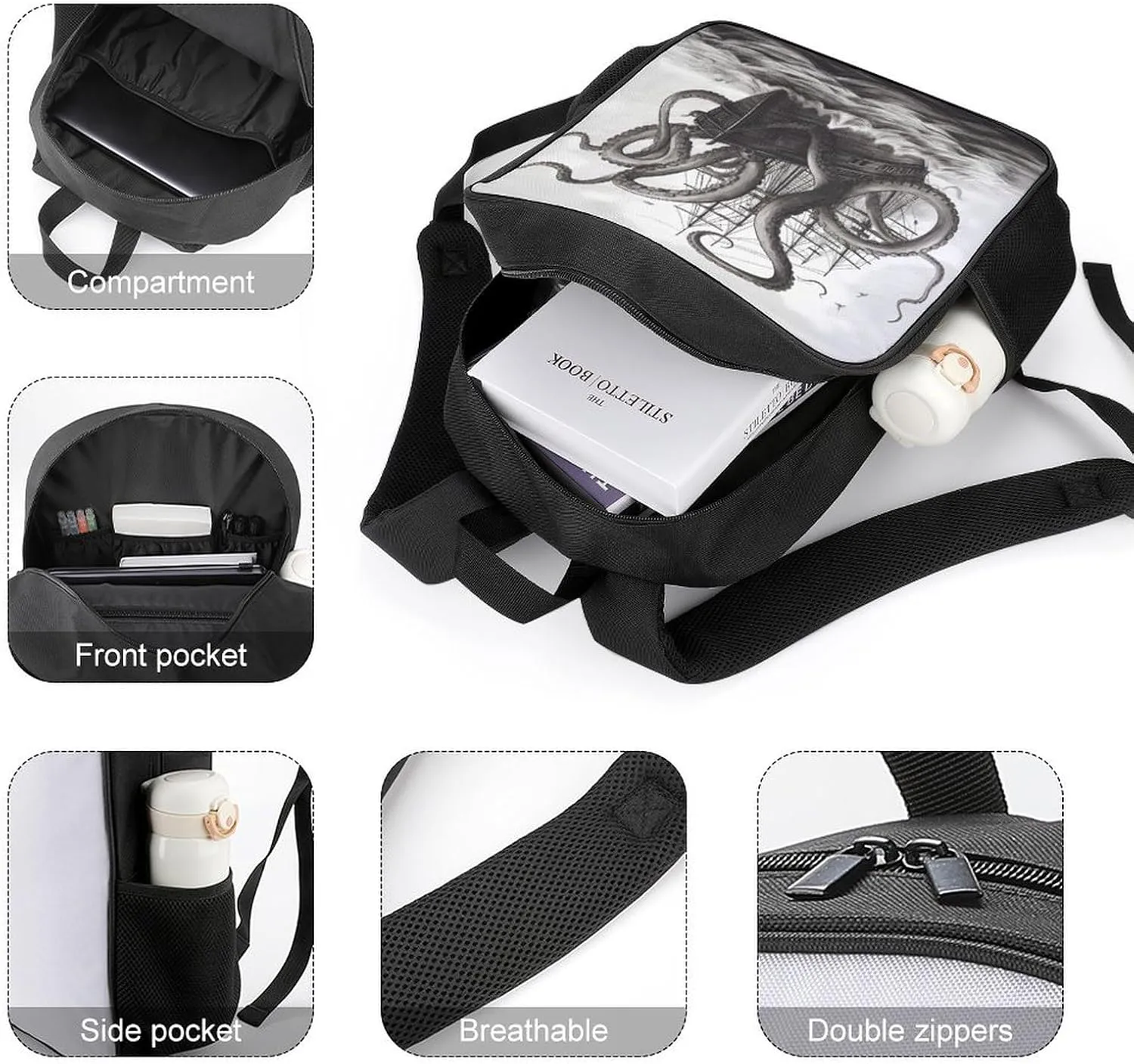 Lightweight Backpacks Cute Travel Bag Durable Black And White Octopus And Ship Printing Small Travel Backpack For Women & Men