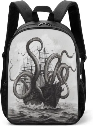Lightweight Backpacks Cute Travel Bag Durable Black And White Octopus And Ship Printing Small Travel Backpack For Women & Men