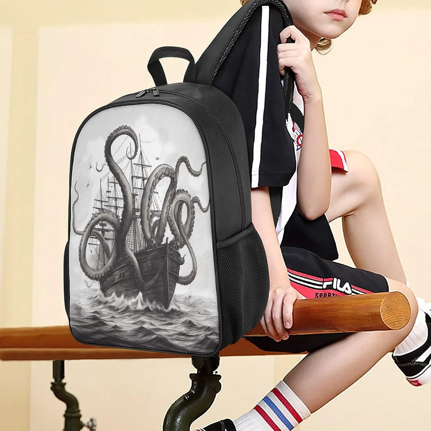 Lightweight Backpacks Cute Travel Bag Durable Black And White Octopus And Ship Printing Small Travel Backpack For Women & Men