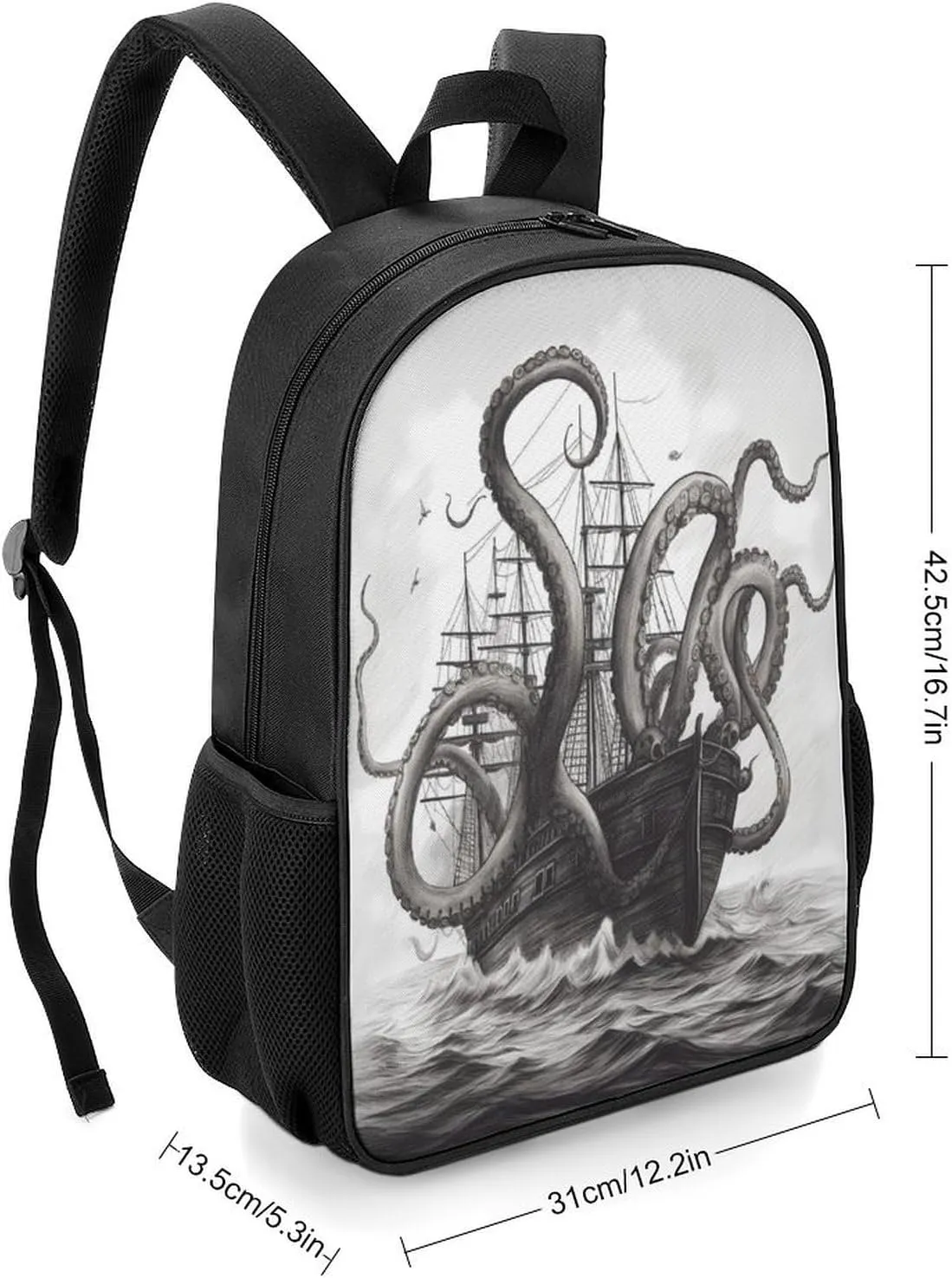 Lightweight Backpacks Cute Travel Bag Durable Black And White Octopus And Ship Printing Small Travel Backpack For Women & Men