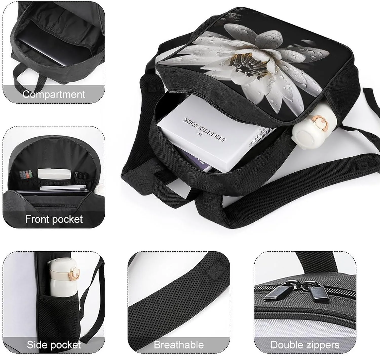 Lightweight Backpacks Cute Travel Bag Durable Black And White Water Lily Printing Small Travel Backpack For Women & Men