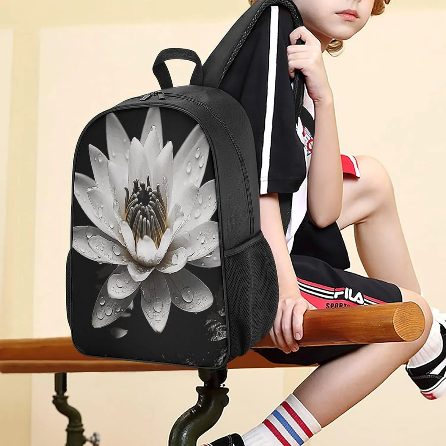 Lightweight Backpacks Cute Travel Bag Durable Black And White Water Lily Printing Small Travel Backpack For Women & Men