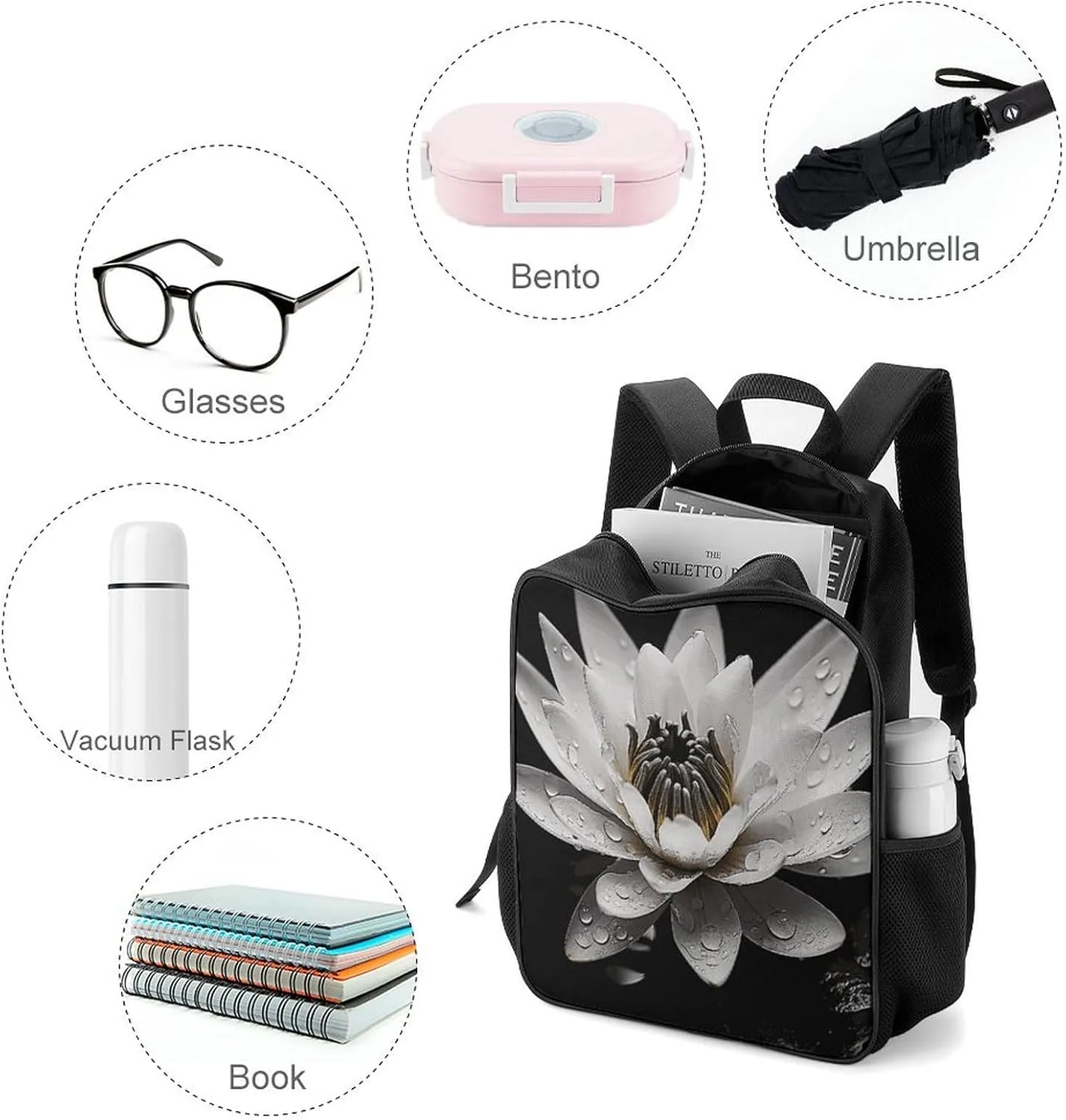 Lightweight Backpacks Cute Travel Bag Durable Black And White Water Lily Printing Small Travel Backpack For Women & Men