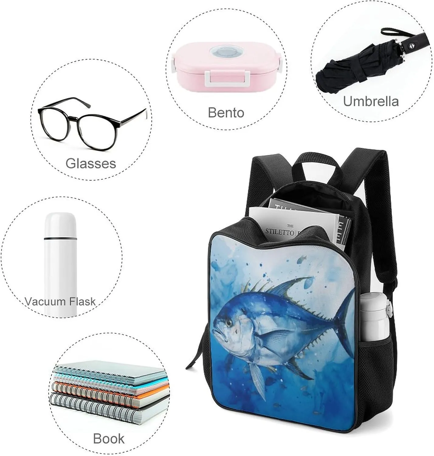 Lightweight Backpacks Cute Travel Bag Durable Blue Fish Printing Small Travel Backpack For Women & Men