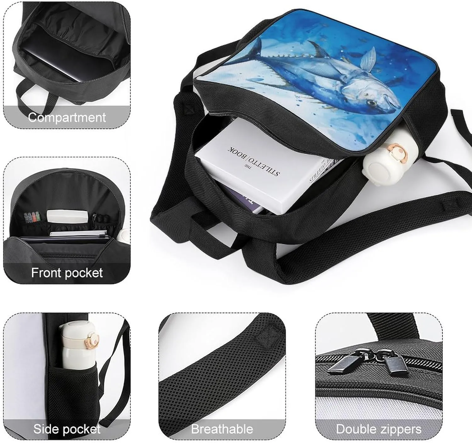 Lightweight Backpacks Cute Travel Bag Durable Blue Fish Printing Small Travel Backpack For Women & Men