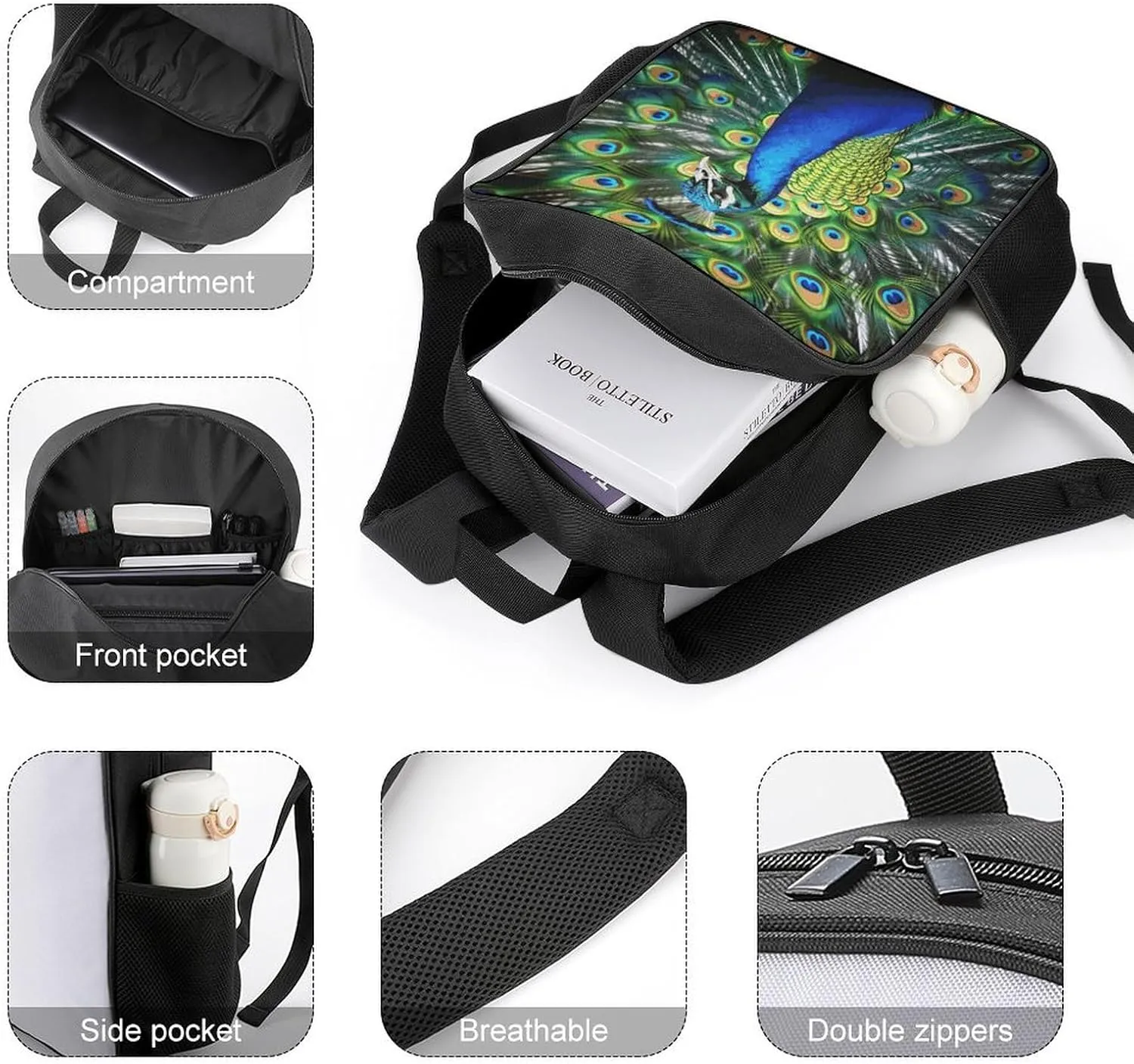 Lightweight Backpacks Cute Travel Bag Durable Blue Peacock Printing Small Travel Backpack For Women & Men