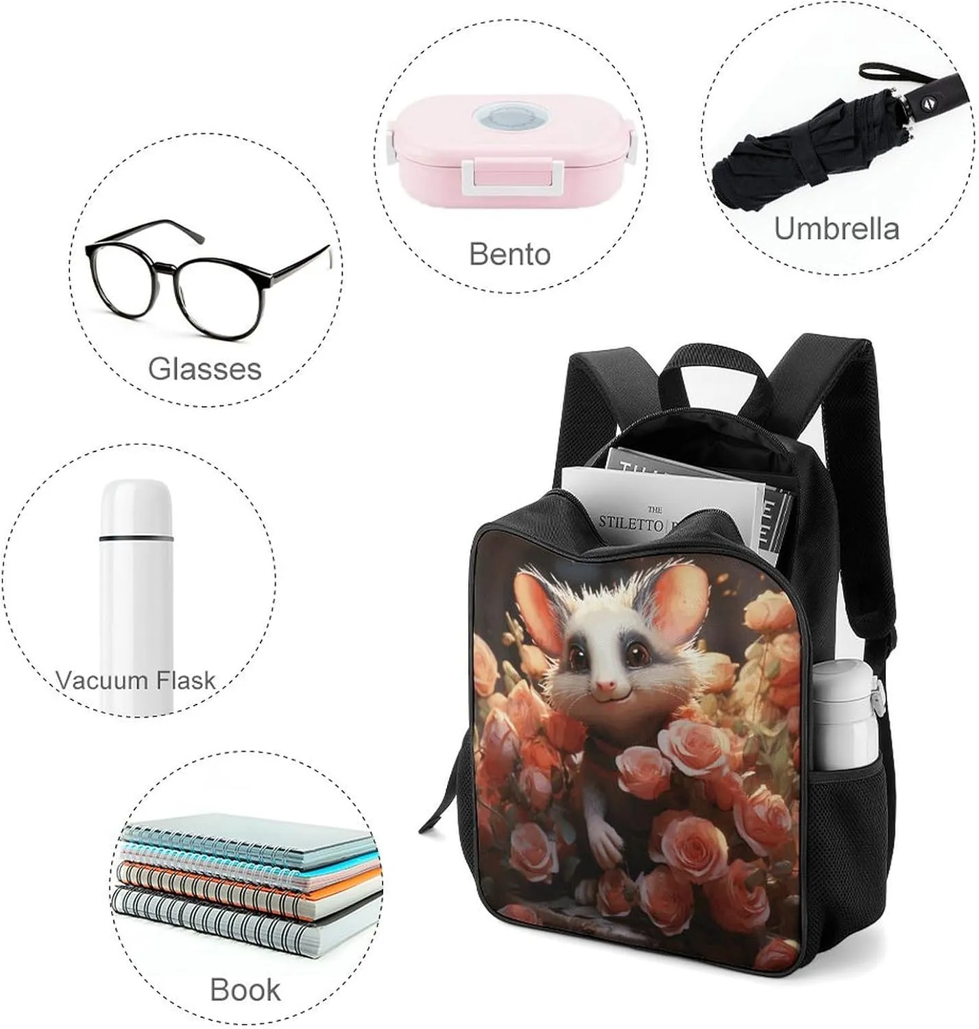 Lightweight Backpacks Cute Travel Bag Durable Cartoon Opossum And Roses Printing Small Travel Backpack For Women & Men