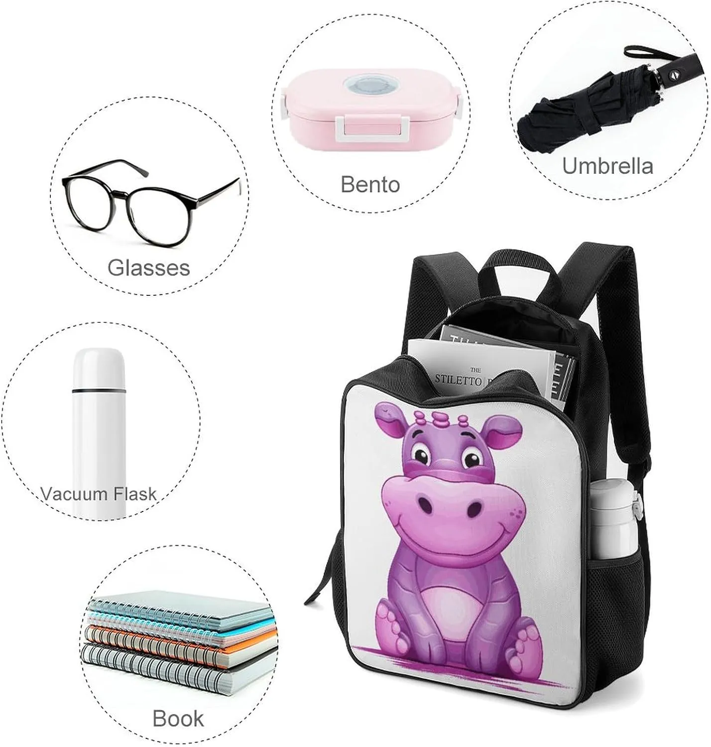 Lightweight Backpacks Cute Travel Bag Durable Cartoon Purple Hippo Printing Small Travel Backpack For Women & Men