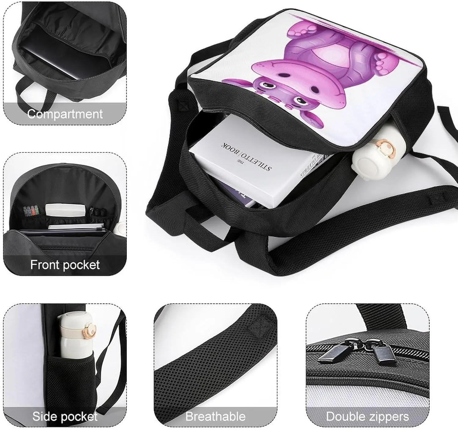 Lightweight Backpacks Cute Travel Bag Durable Cartoon Purple Hippo Printing Small Travel Backpack For Women & Men