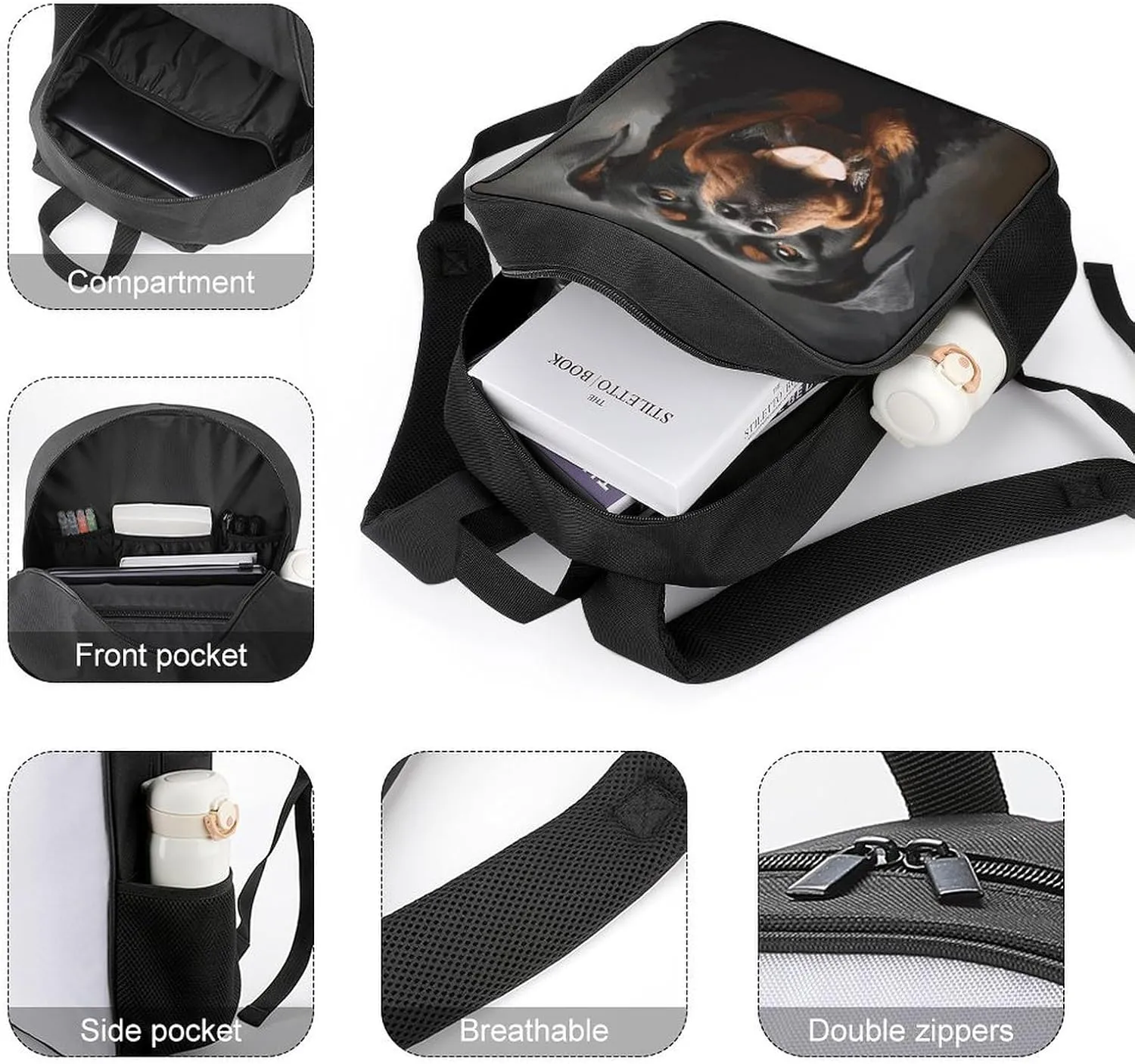 Lightweight Backpacks Cute Travel Bag Durable Cool Rottweiler Dog Art Printing Small Travel Backpack For Women & Men