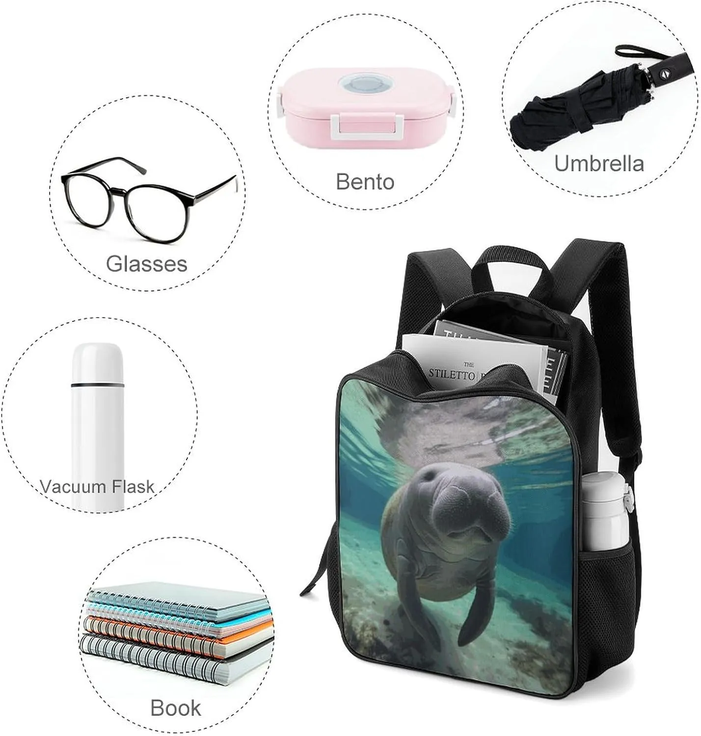 Lightweight Backpacks Cute Travel Bag Durable Cute Sea Animal Manatee Printing Small Travel Backpack For Women & Men
