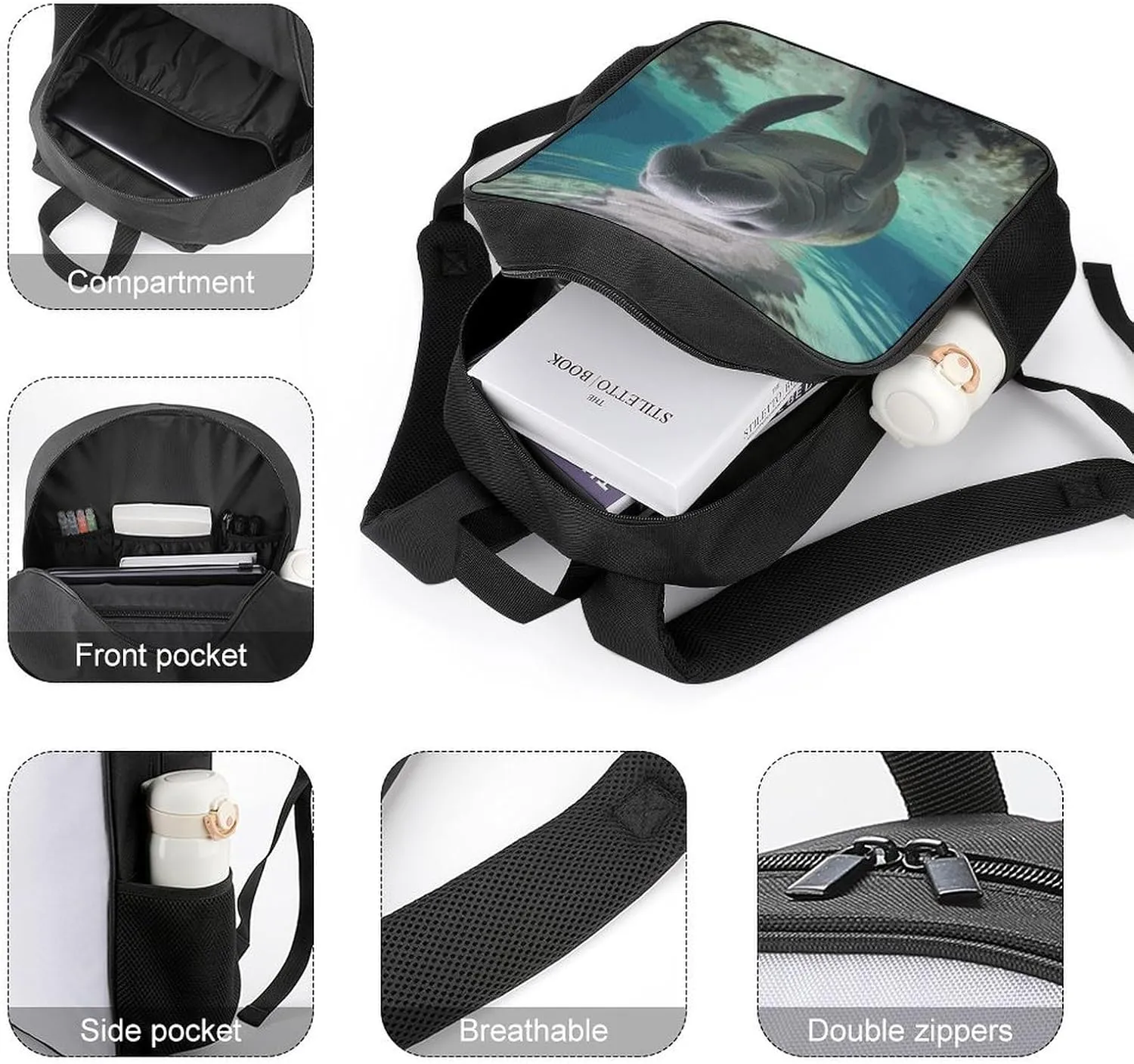 Lightweight Backpacks Cute Travel Bag Durable Cute Sea Animal Manatee Printing Small Travel Backpack For Women & Men