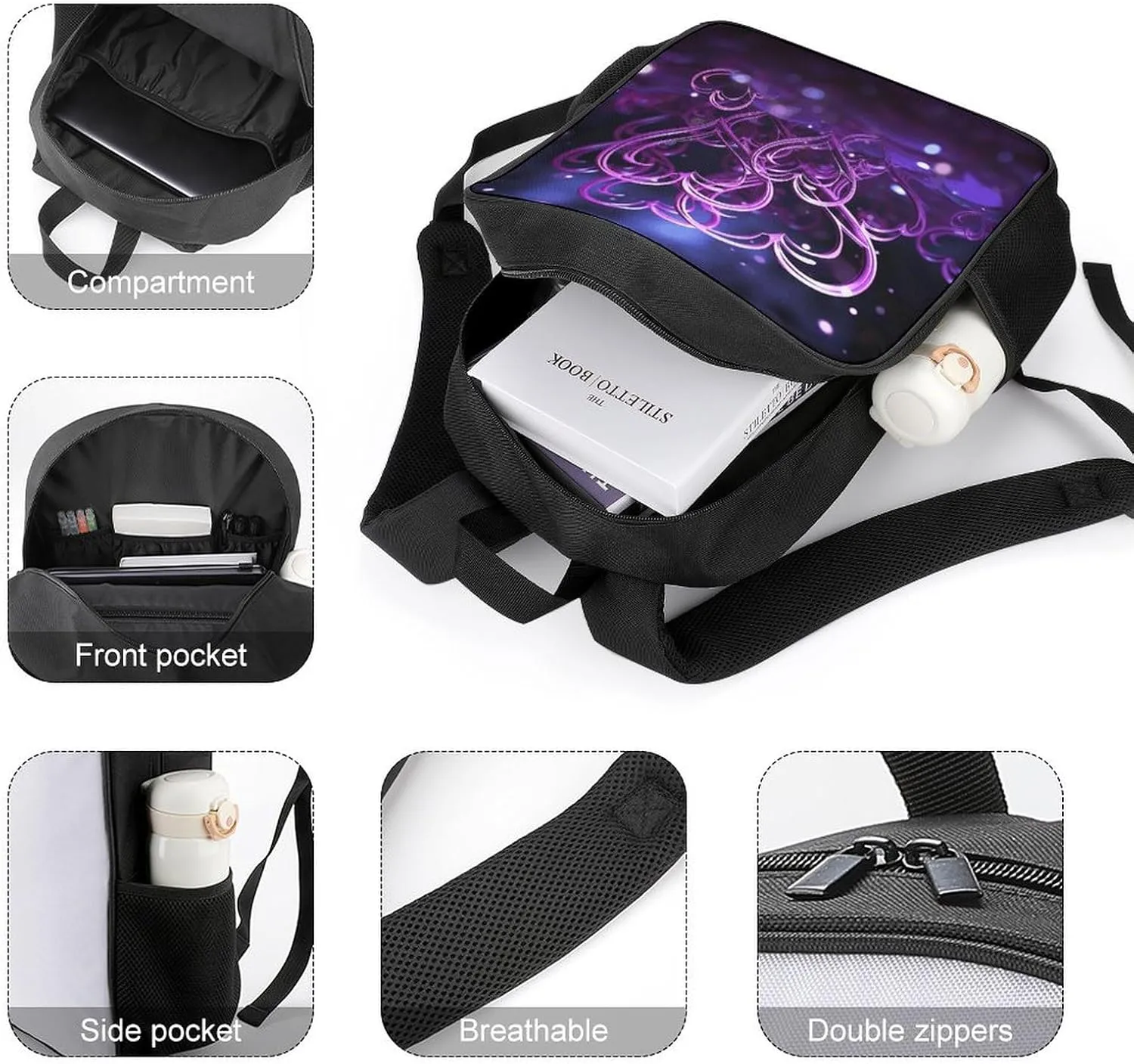 Lightweight Backpacks Cute Travel Bag Durable Fashional Purple Hearts Printing Small Travel Backpack For Women & Men