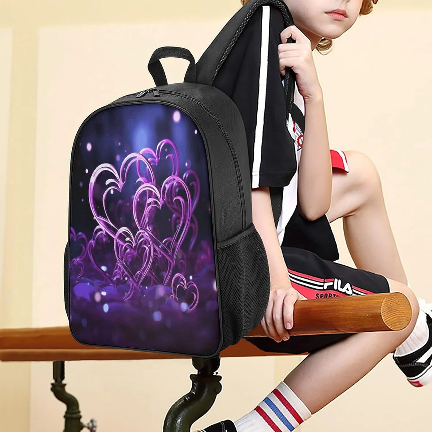 Lightweight Backpacks Cute Travel Bag Durable Fashional Purple Hearts Printing Small Travel Backpack For Women & Men