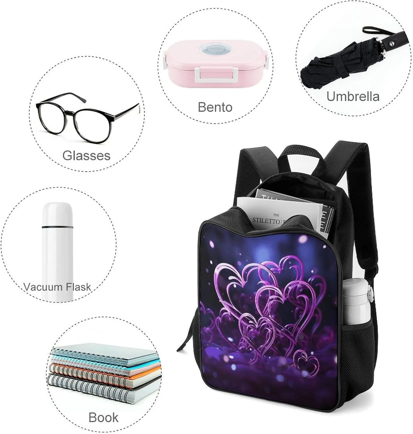Lightweight Backpacks Cute Travel Bag Durable Fashional Purple Hearts Printing Small Travel Backpack For Women & Men