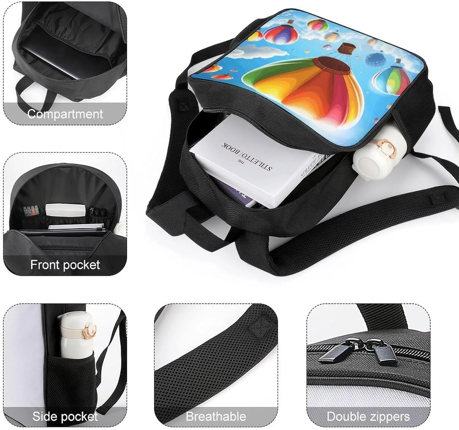 Lightweight Backpacks Cute Travel Bag Durable Hot Air Balloon Pattern Printing Small Travel Backpack For Women & Men