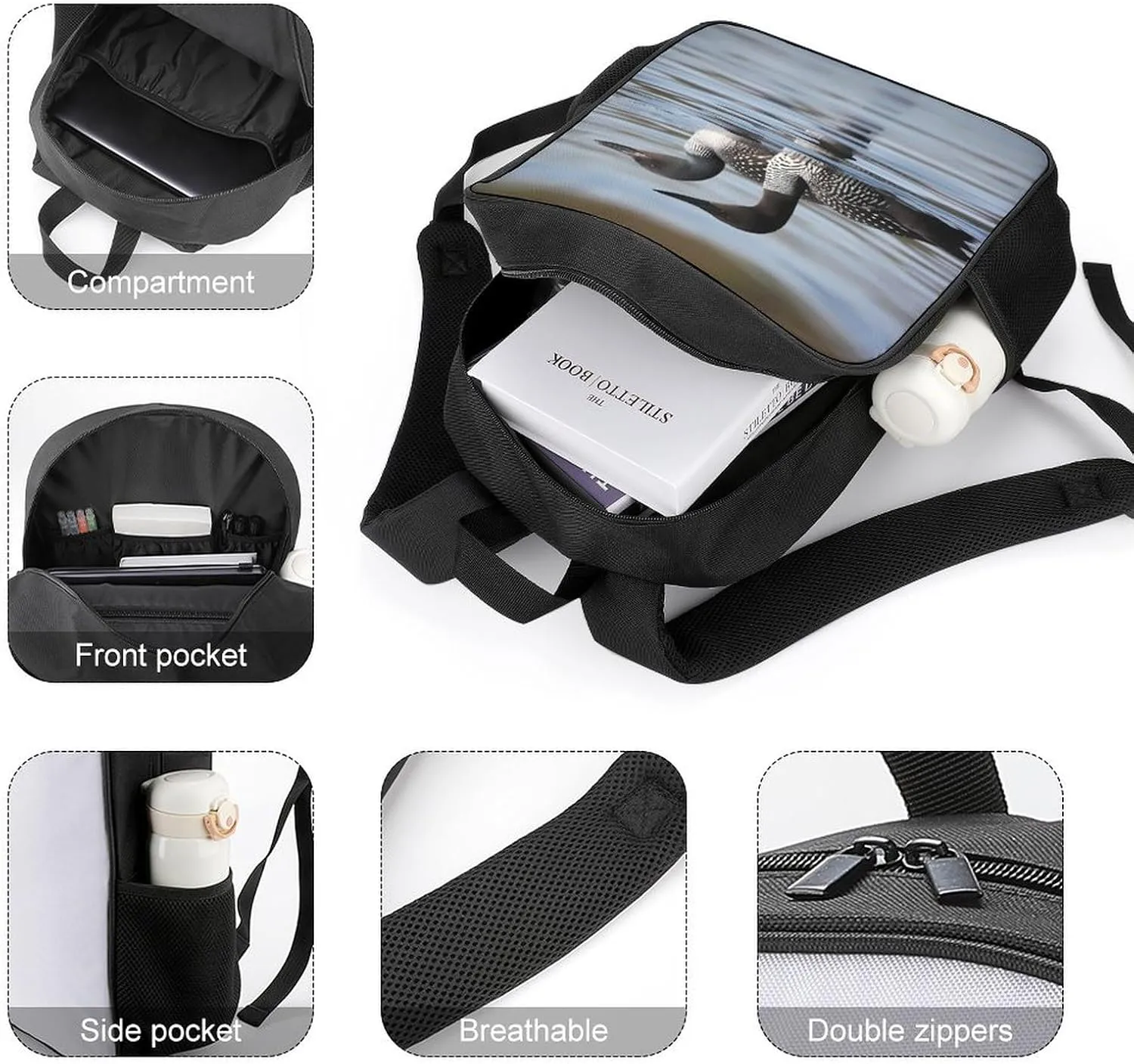 Lightweight Backpacks Cute Travel Bag Durable Loon Birds Printing Small Travel Backpack For Women & Men