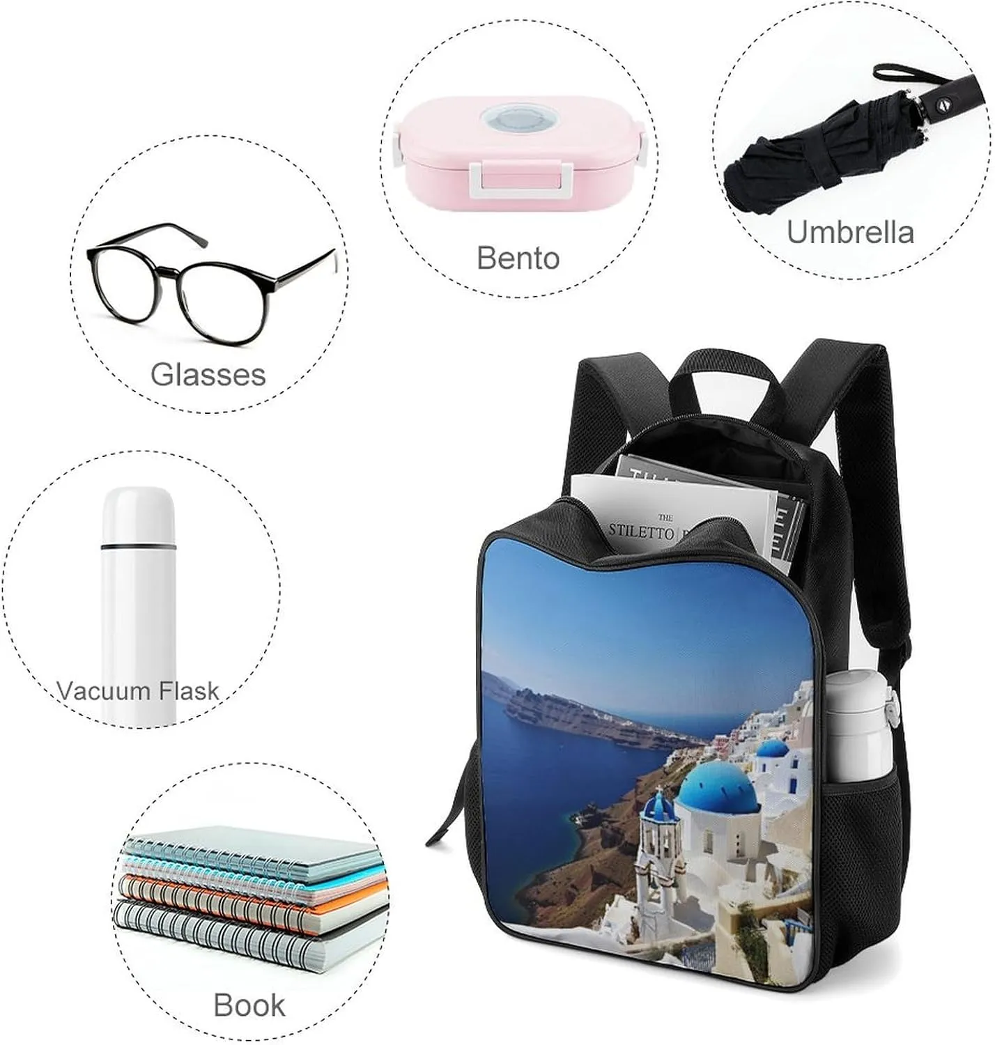 Lightweight Backpacks Cute Travel Bag Durable Santorini Island Sea View Printing Small Travel Backpack For Women & Men