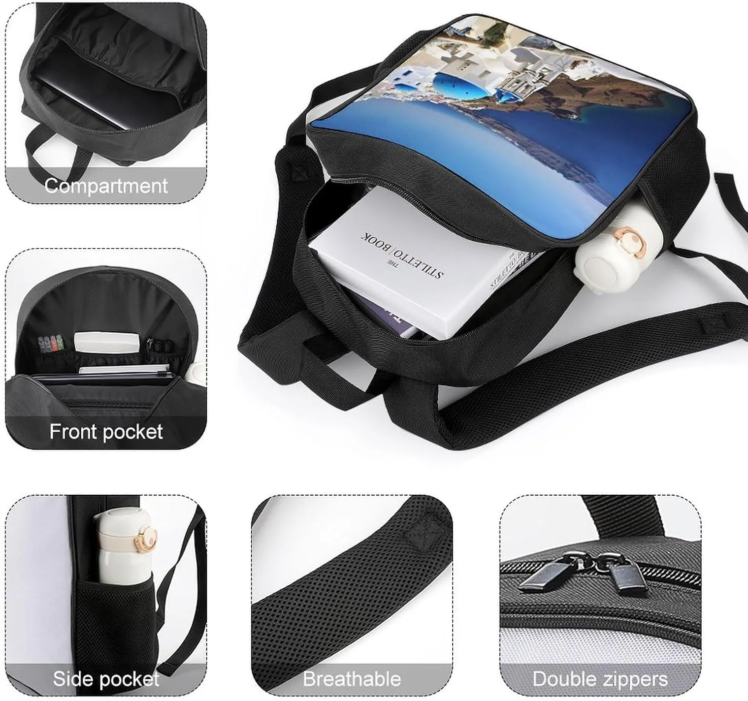 Lightweight Backpacks Cute Travel Bag Durable Santorini Island Sea View Printing Small Travel Backpack For Women & Men