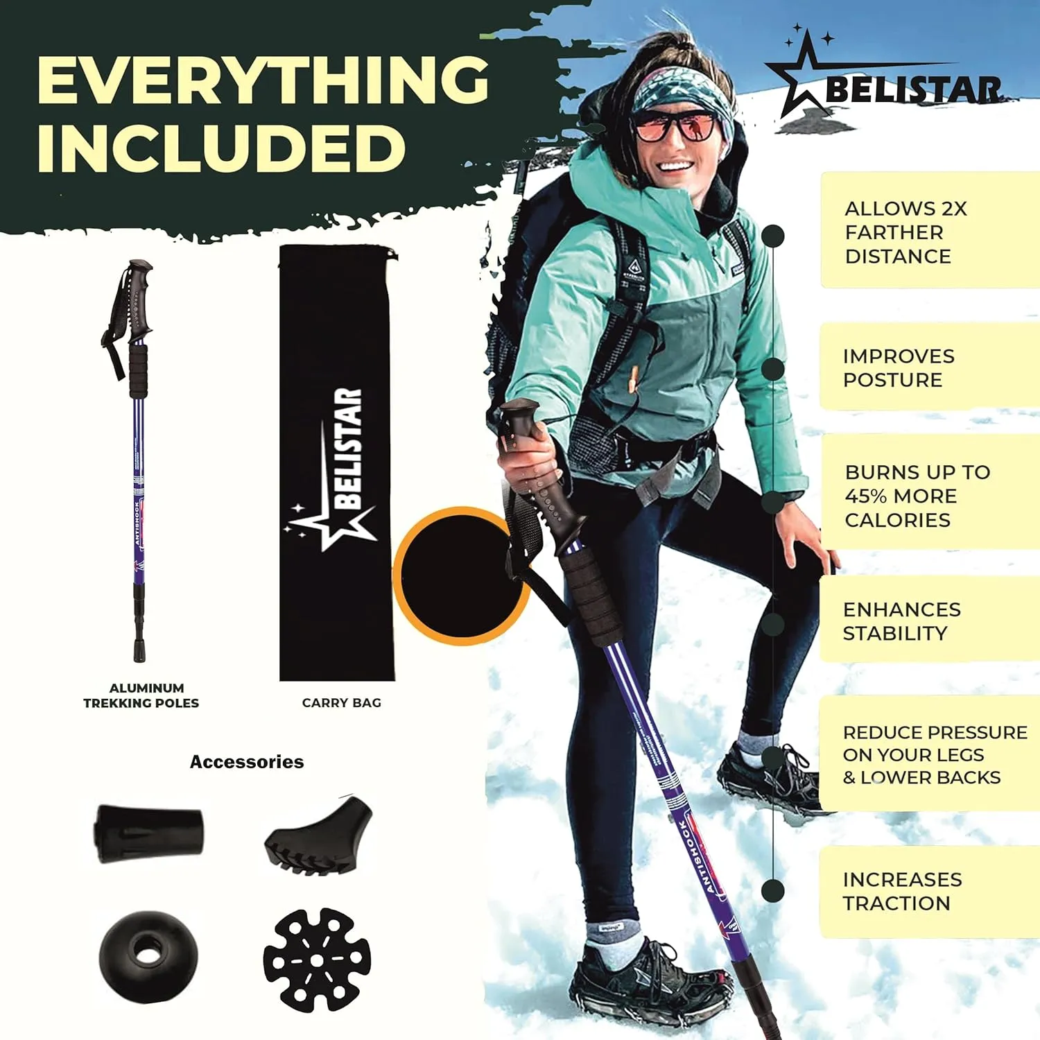 Lightweight Collapsible Aluminium Hiking Trekking Poles with Anti-Shock, Adjustable Height, Carry Bag Ideal for Men & Women Outdoor Walking & Trekking