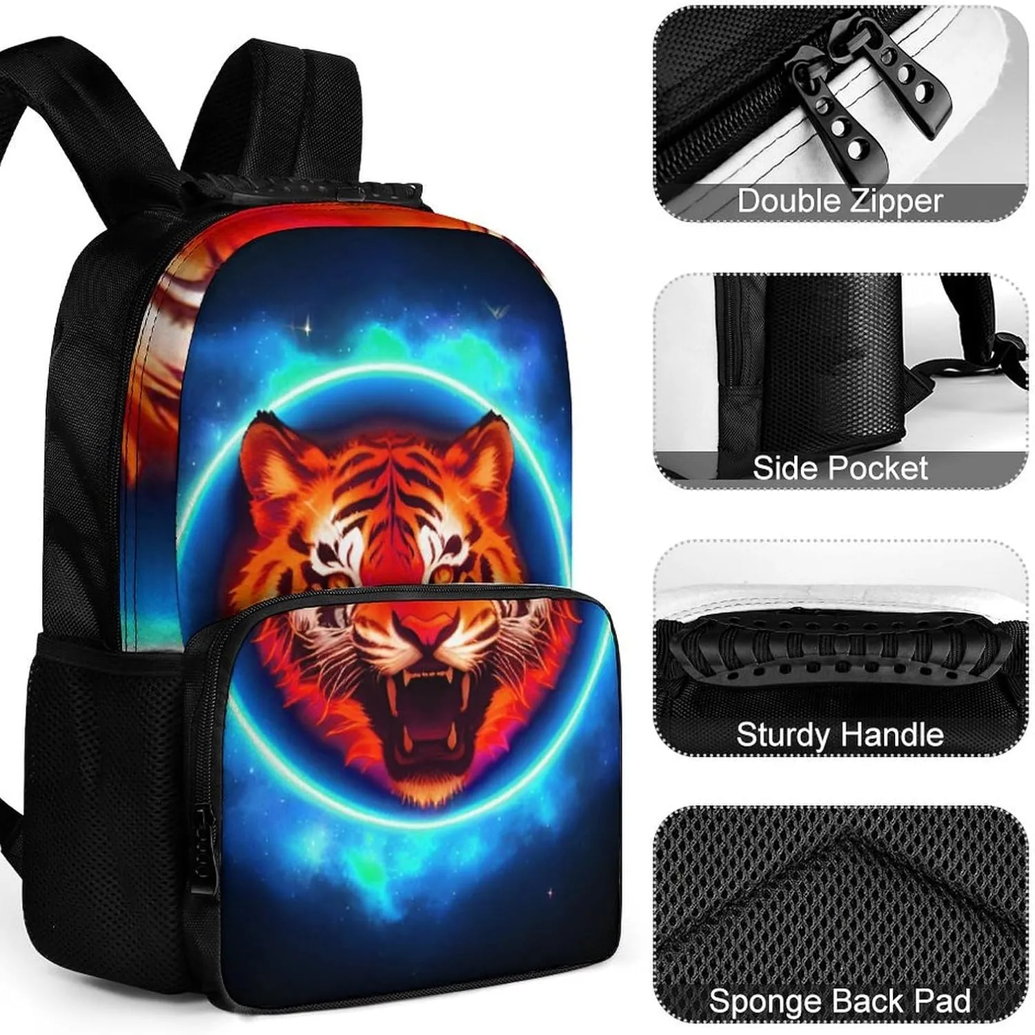 Lightweight Daypack Backpack for Sports Travel Running - Large Capacity Multipurpose Anti-Theft Bookbag, Space Tiger Psychedelic Blue Fire Art Laptop Backpack Daypack
